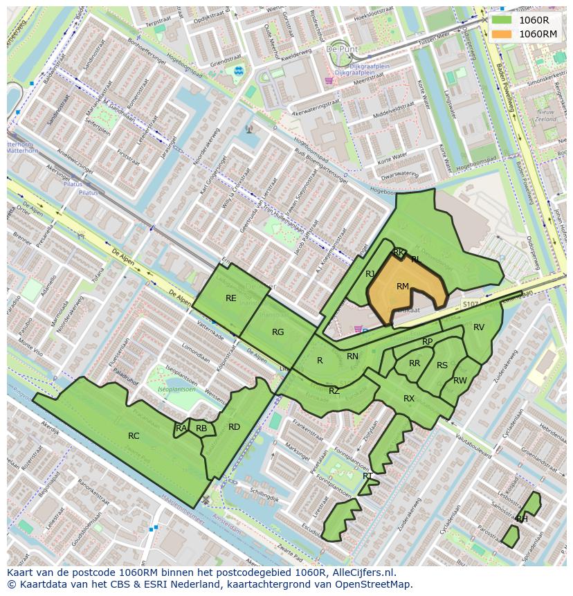 Afbeelding van het postcodegebied 1060 RM op de kaart.