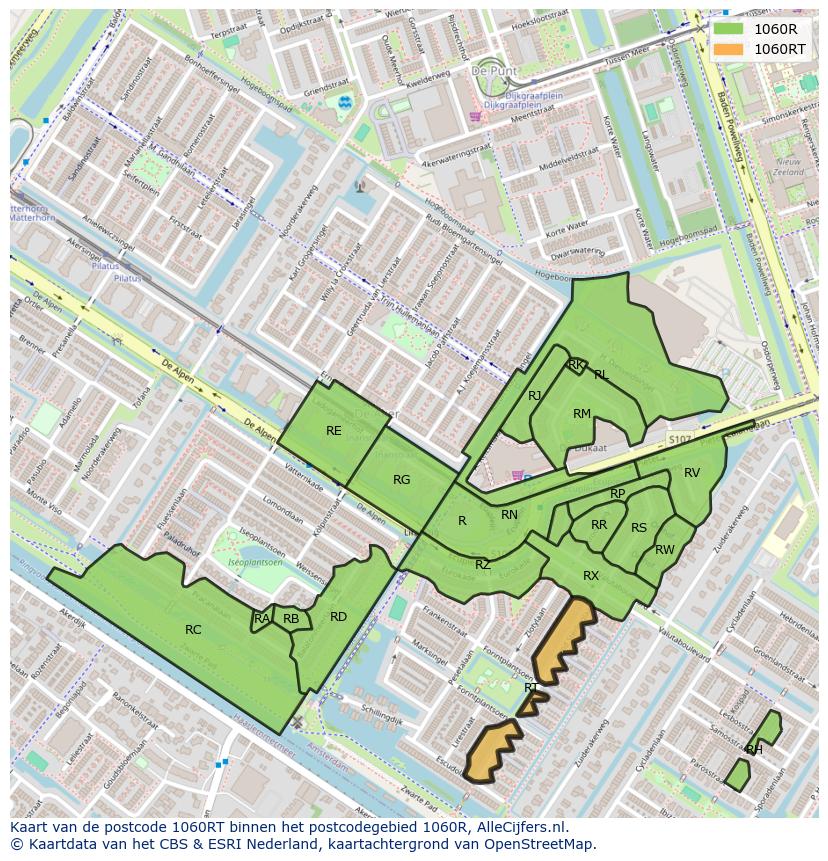 Afbeelding van het postcodegebied 1060 RT op de kaart.