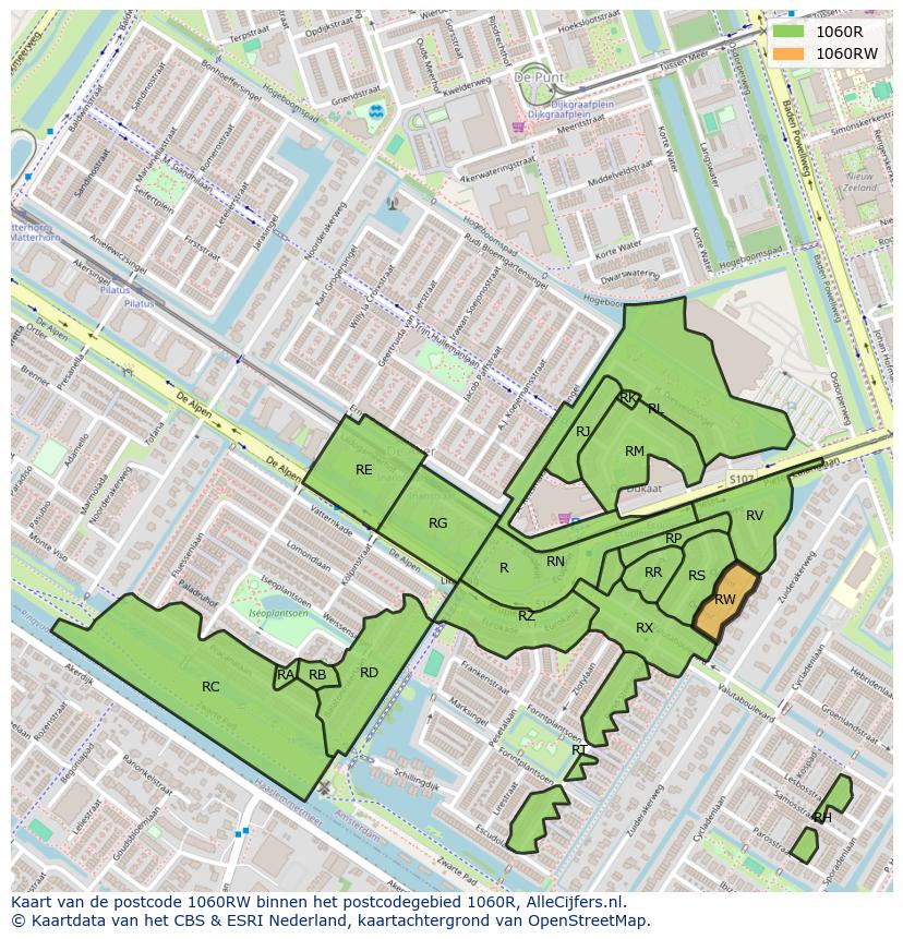 Afbeelding van het postcodegebied 1060 RW op de kaart.