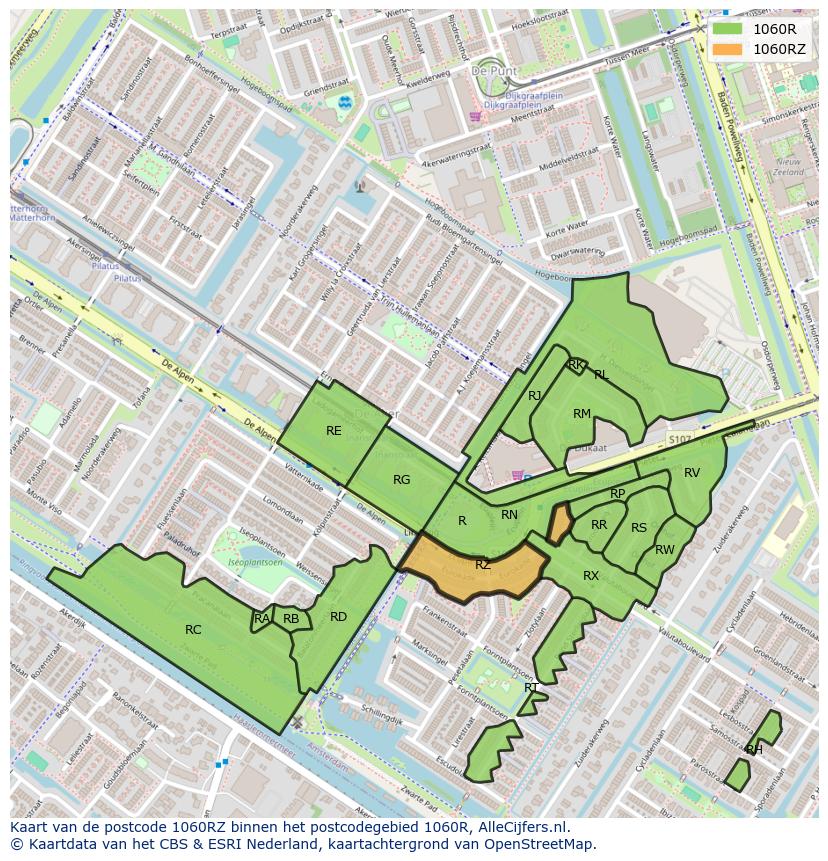 Afbeelding van het postcodegebied 1060 RZ op de kaart.