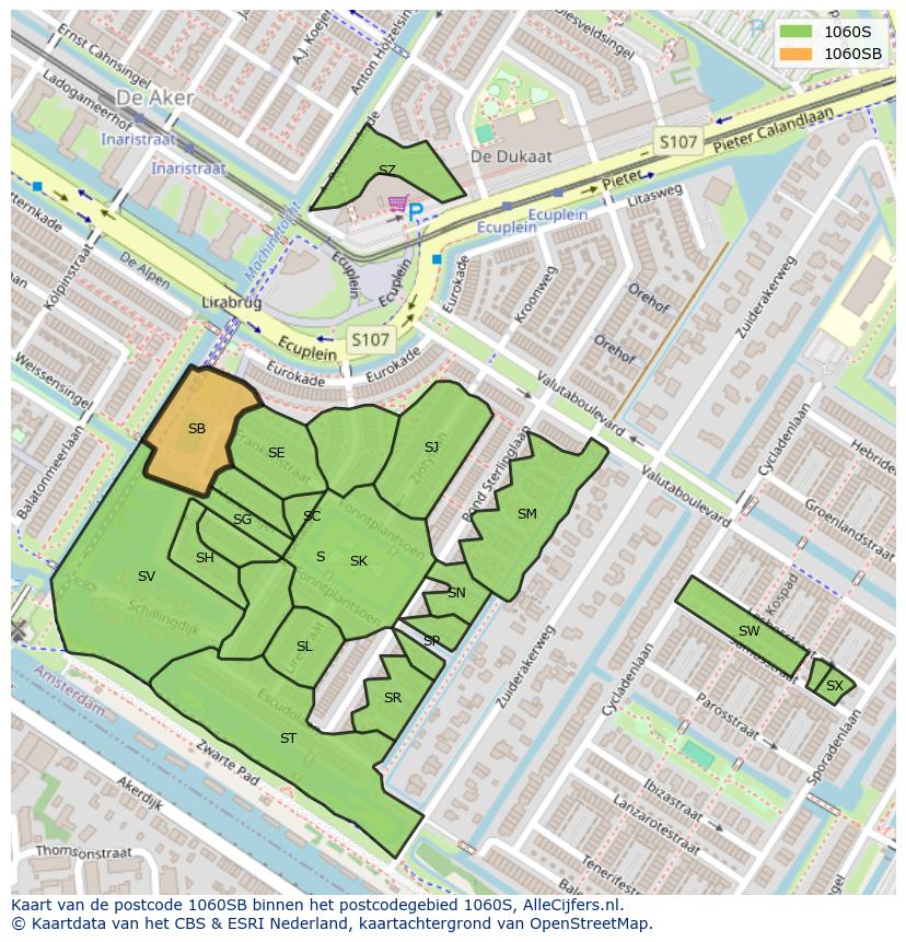 Afbeelding van het postcodegebied 1060 SB op de kaart.