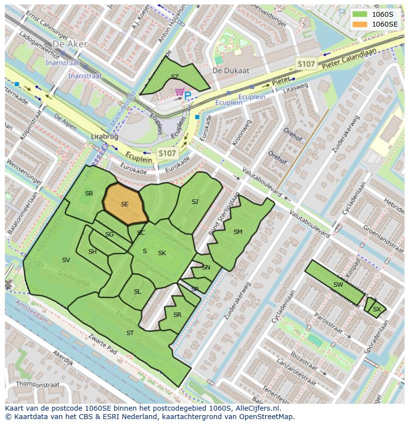 Afbeelding van het postcodegebied 1060 SE op de kaart.