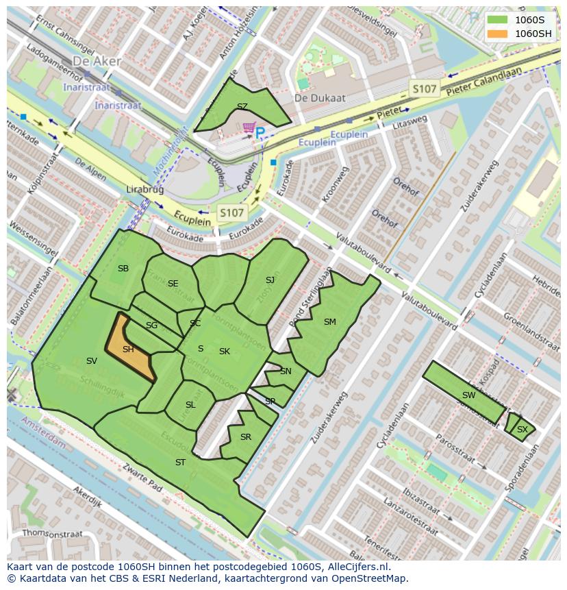 Afbeelding van het postcodegebied 1060 SH op de kaart.