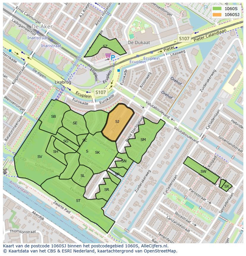 Afbeelding van het postcodegebied 1060 SJ op de kaart.