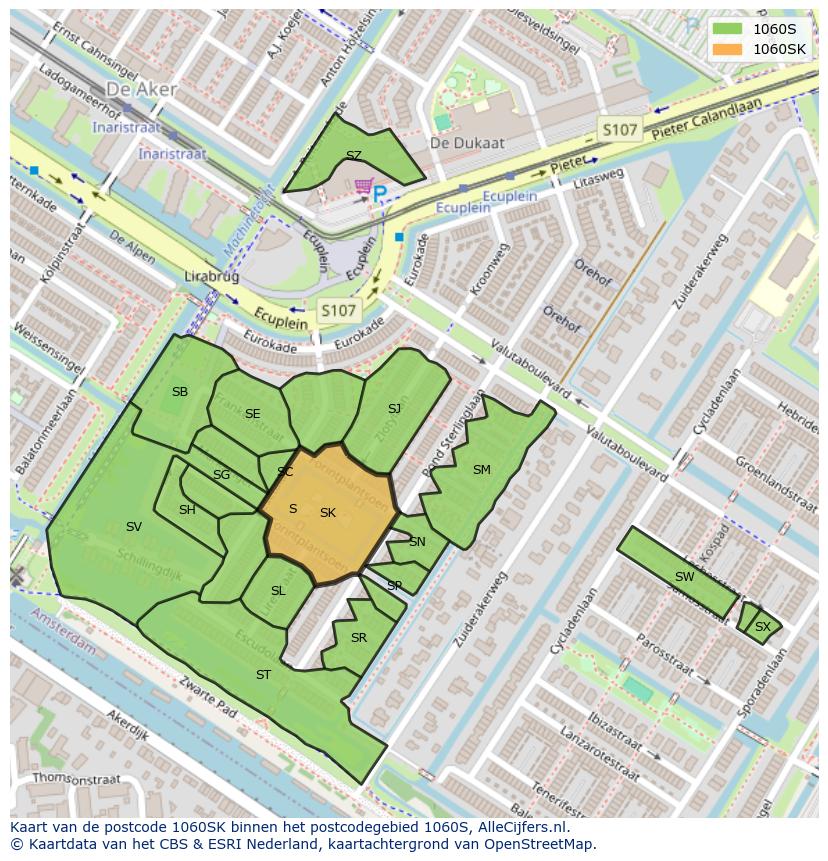 Afbeelding van het postcodegebied 1060 SK op de kaart.