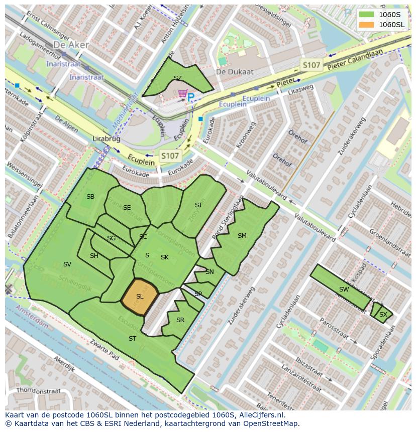 Afbeelding van het postcodegebied 1060 SL op de kaart.