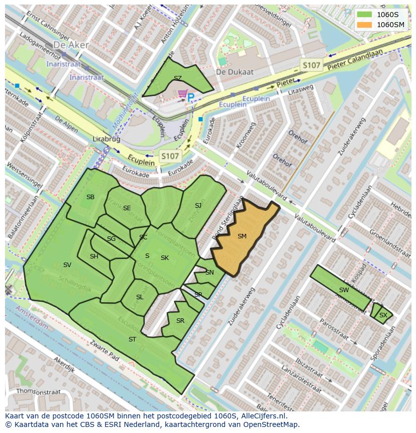 Afbeelding van het postcodegebied 1060 SM op de kaart.