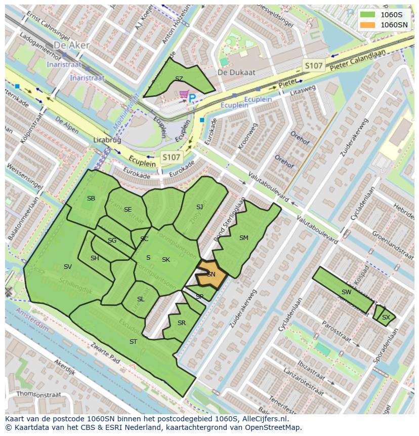 Afbeelding van het postcodegebied 1060 SN op de kaart.