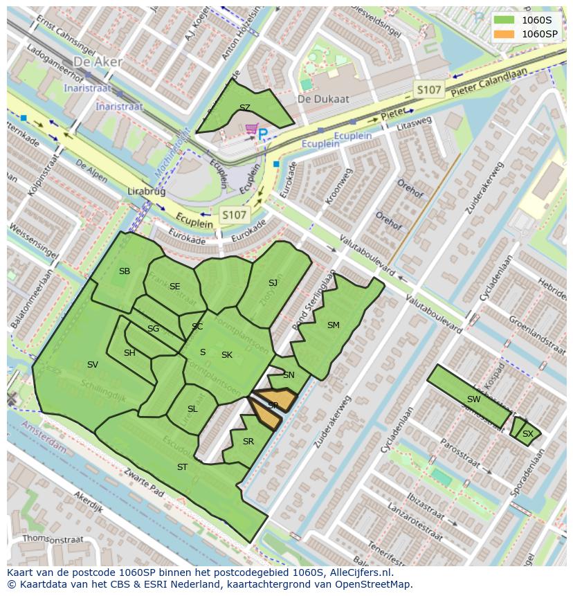 Afbeelding van het postcodegebied 1060 SP op de kaart.