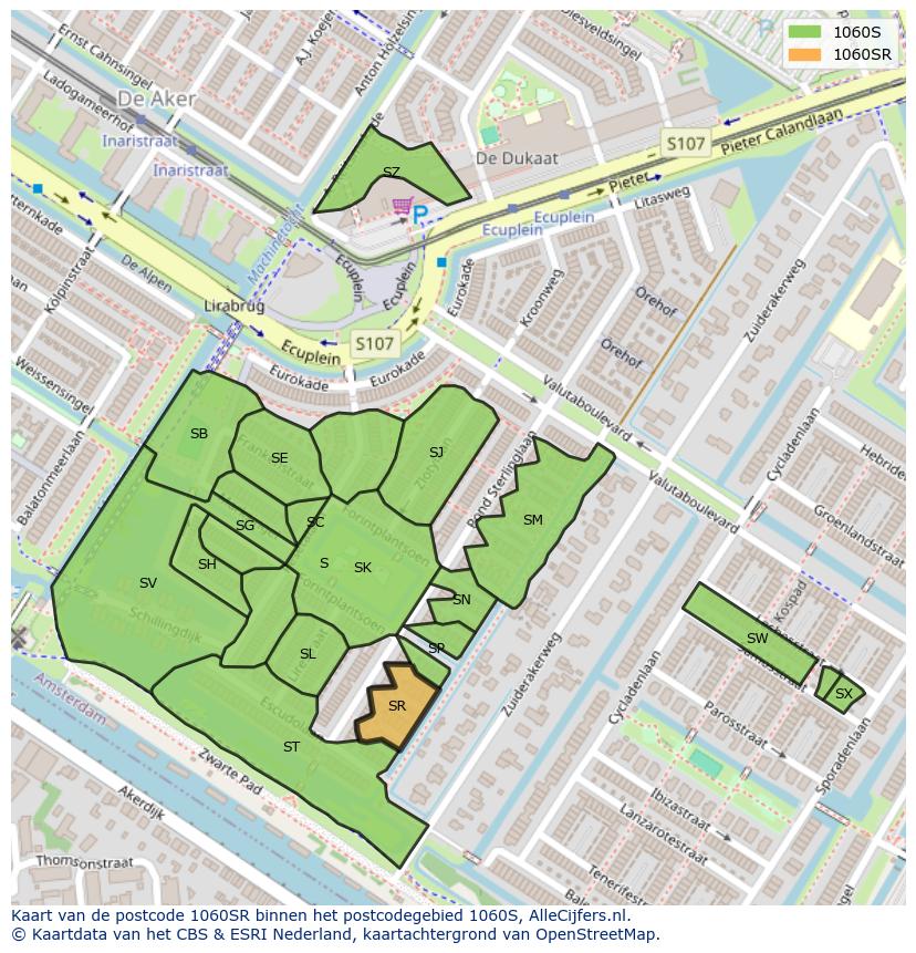 Afbeelding van het postcodegebied 1060 SR op de kaart.