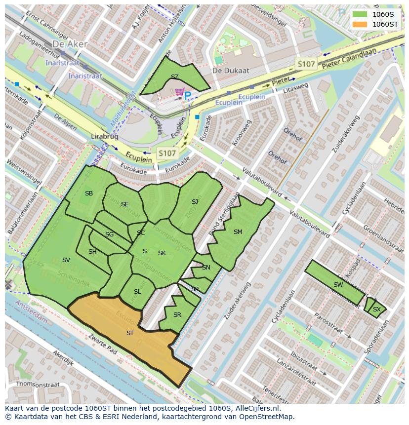 Afbeelding van het postcodegebied 1060 ST op de kaart.