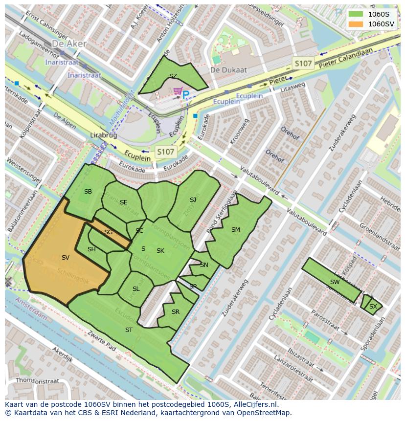 Afbeelding van het postcodegebied 1060 SV op de kaart.