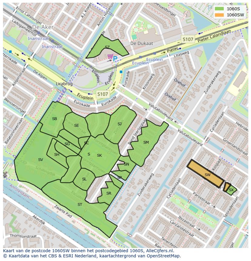 Afbeelding van het postcodegebied 1060 SW op de kaart.