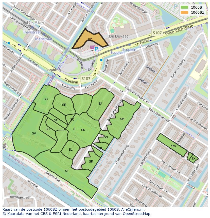 Afbeelding van het postcodegebied 1060 SZ op de kaart.