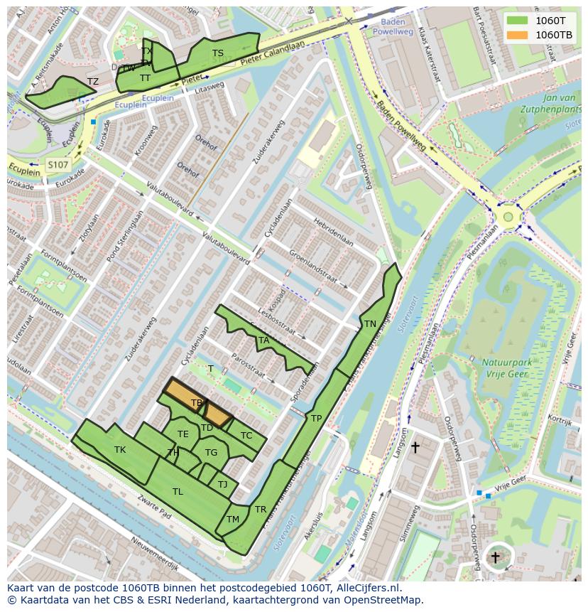Afbeelding van het postcodegebied 1060 TB op de kaart.