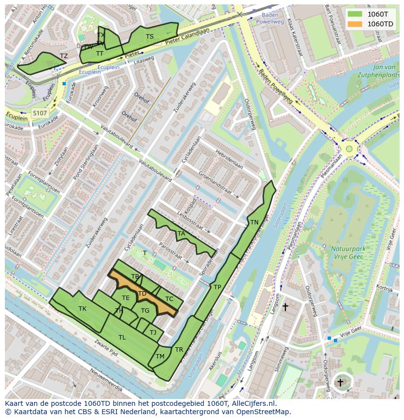 Afbeelding van het postcodegebied 1060 TD op de kaart.