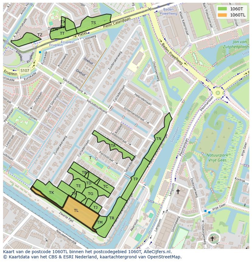 Afbeelding van het postcodegebied 1060 TL op de kaart.