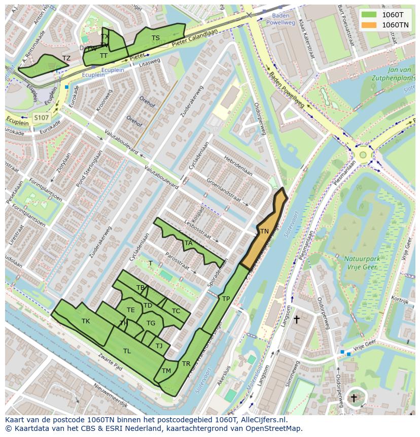 Afbeelding van het postcodegebied 1060 TN op de kaart.