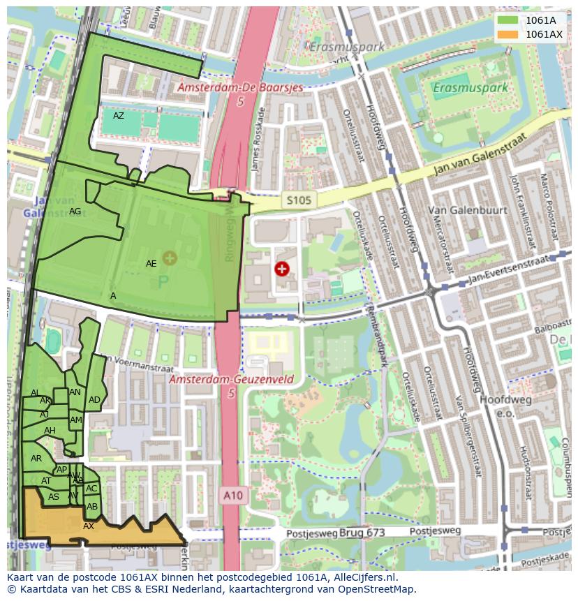 Afbeelding van het postcodegebied 1061 AX op de kaart.