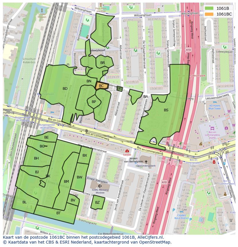 Afbeelding van het postcodegebied 1061 BC op de kaart.