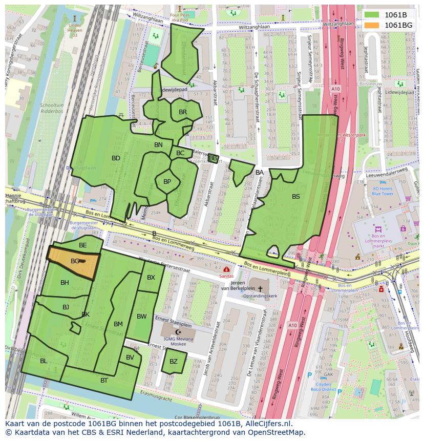Afbeelding van het postcodegebied 1061 BG op de kaart.