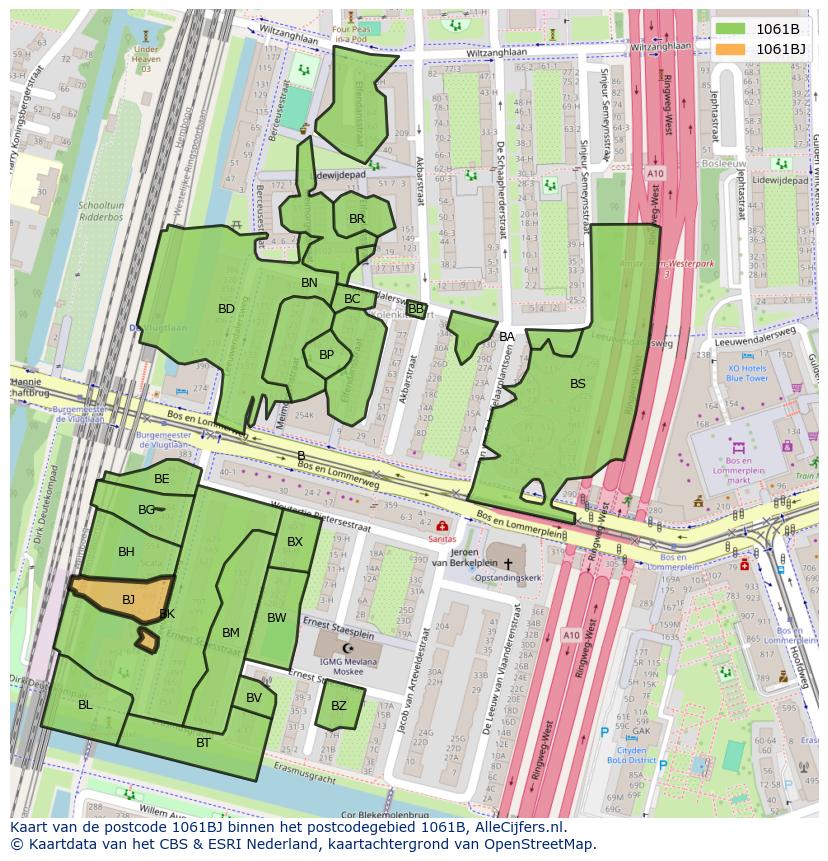 Afbeelding van het postcodegebied 1061 BJ op de kaart.