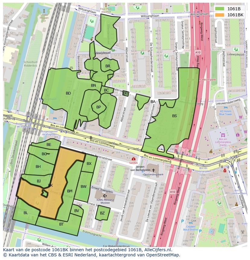 Afbeelding van het postcodegebied 1061 BK op de kaart.