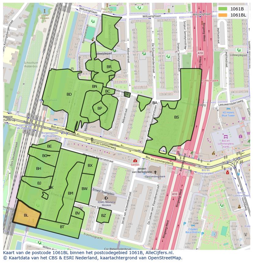Afbeelding van het postcodegebied 1061 BL op de kaart.
