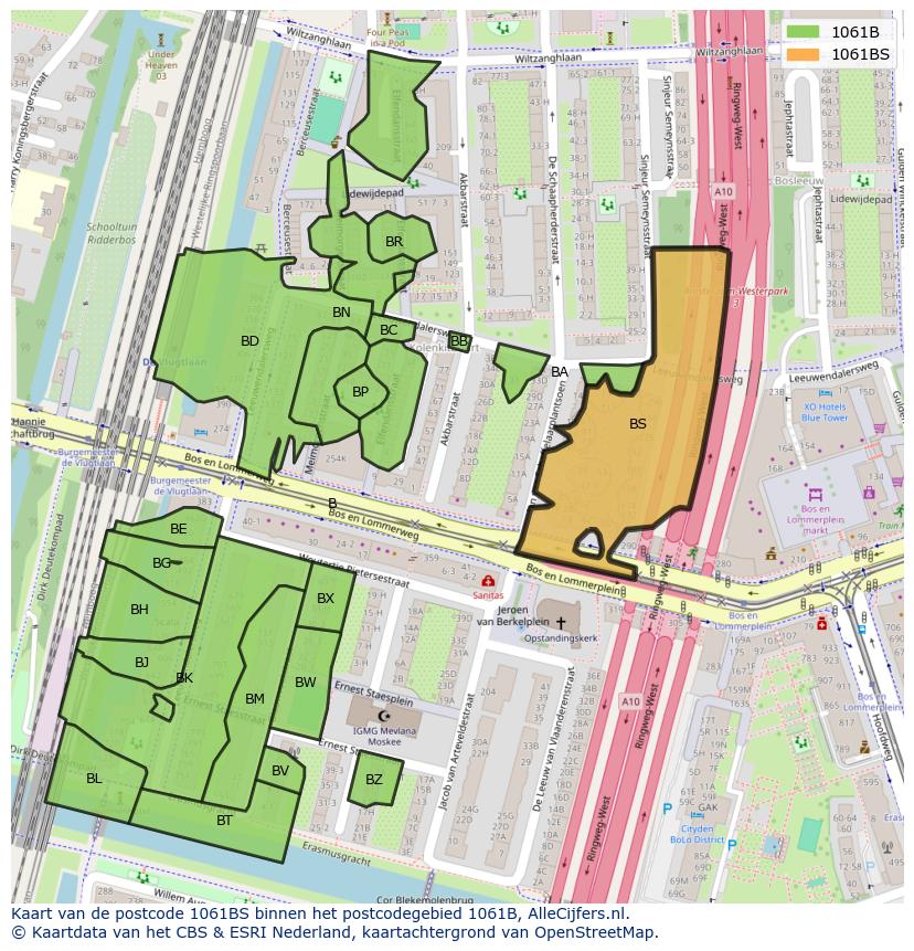 Afbeelding van het postcodegebied 1061 BS op de kaart.