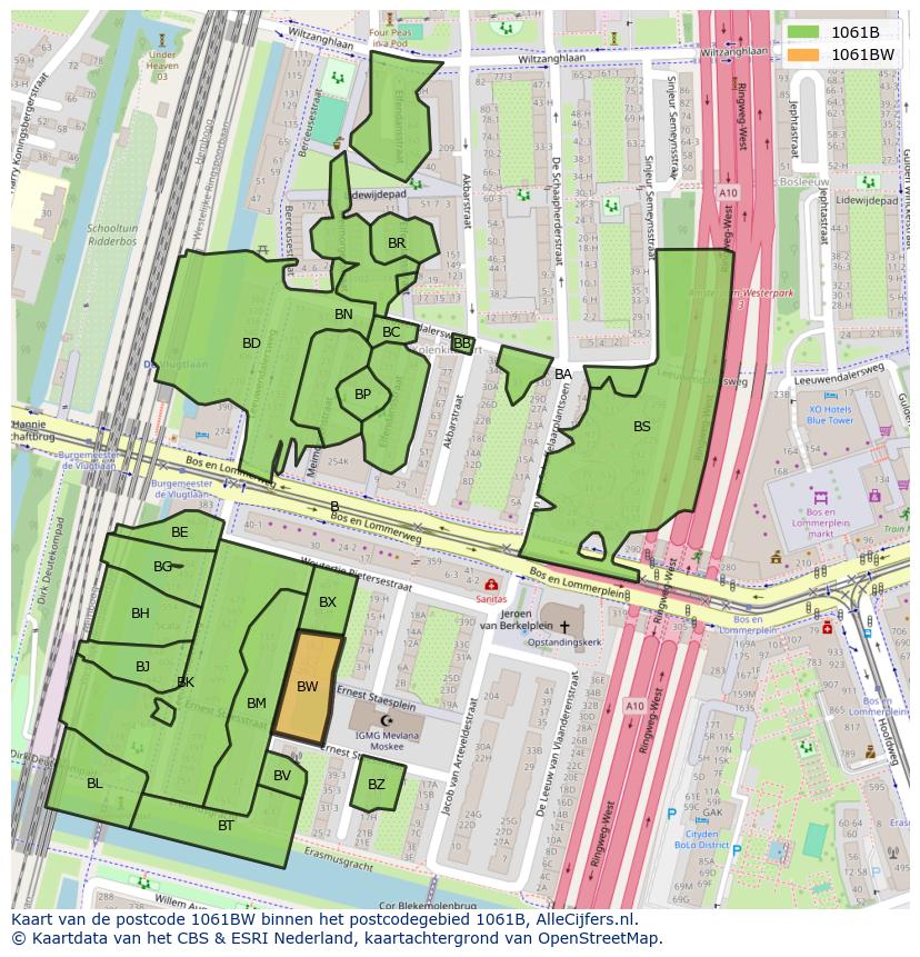 Afbeelding van het postcodegebied 1061 BW op de kaart.