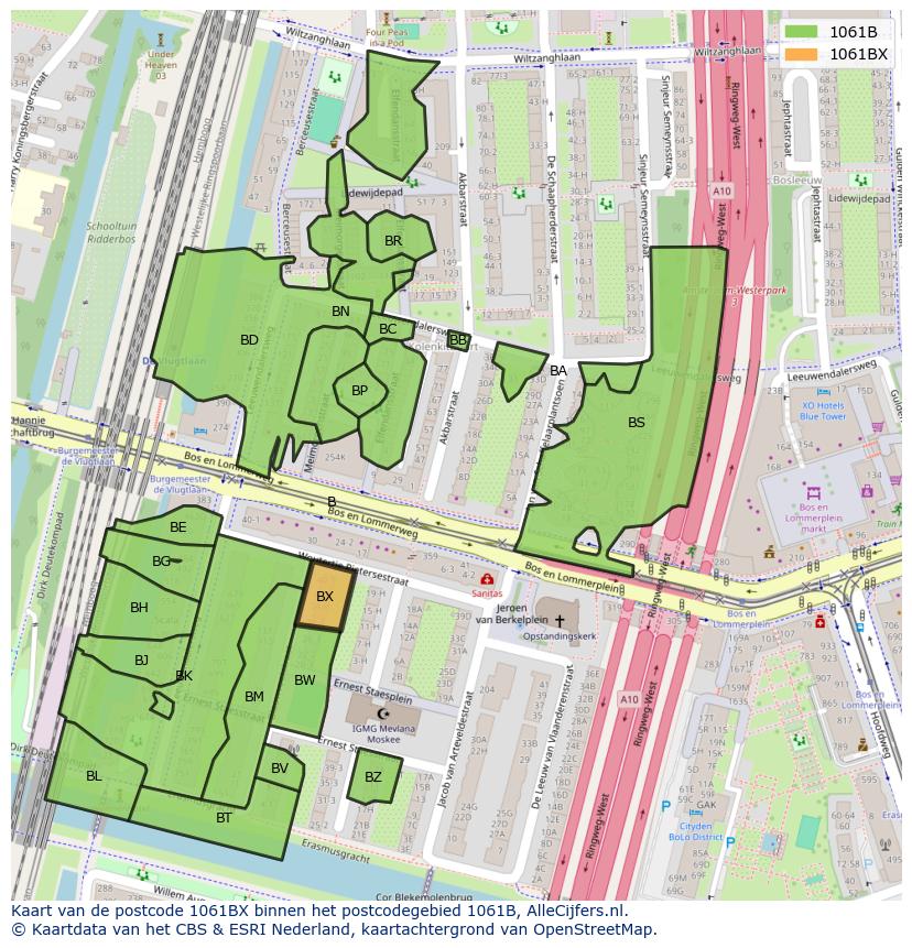 Afbeelding van het postcodegebied 1061 BX op de kaart.