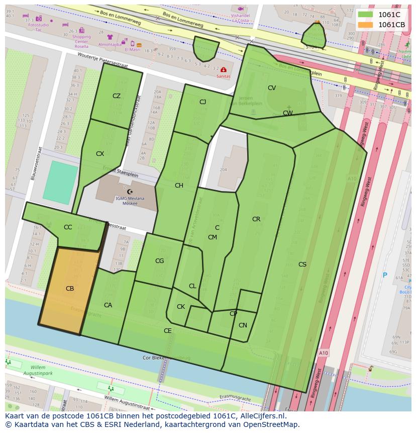 Afbeelding van het postcodegebied 1061 CB op de kaart.