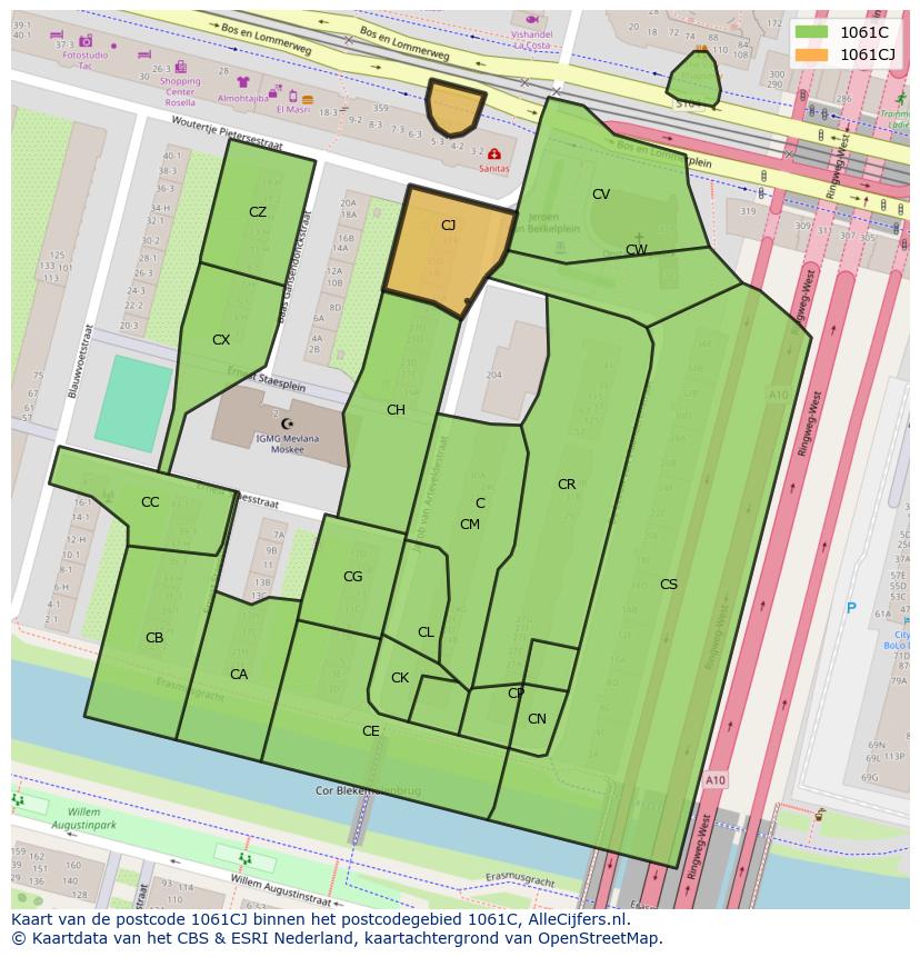 Afbeelding van het postcodegebied 1061 CJ op de kaart.