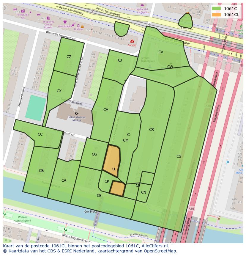 Afbeelding van het postcodegebied 1061 CL op de kaart.