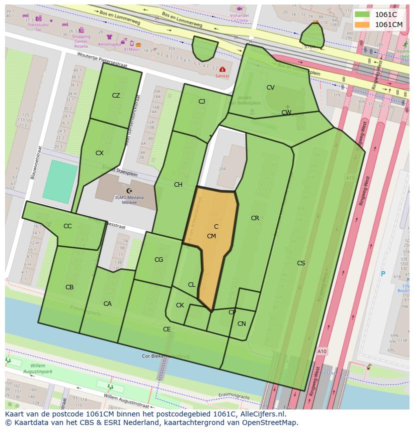 Afbeelding van het postcodegebied 1061 CM op de kaart.