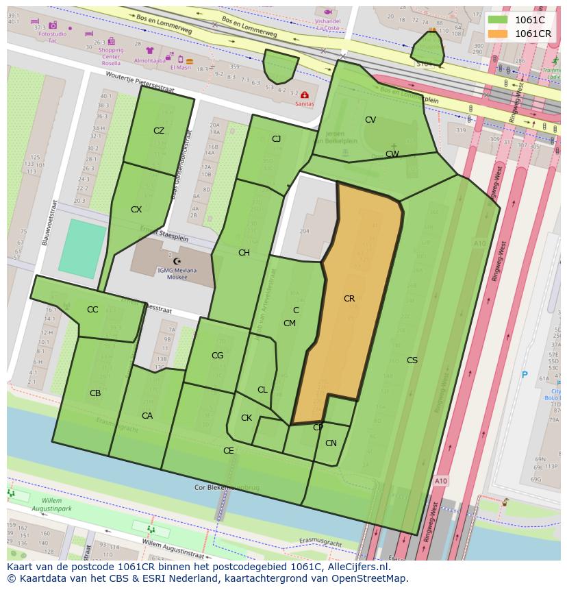 Afbeelding van het postcodegebied 1061 CR op de kaart.