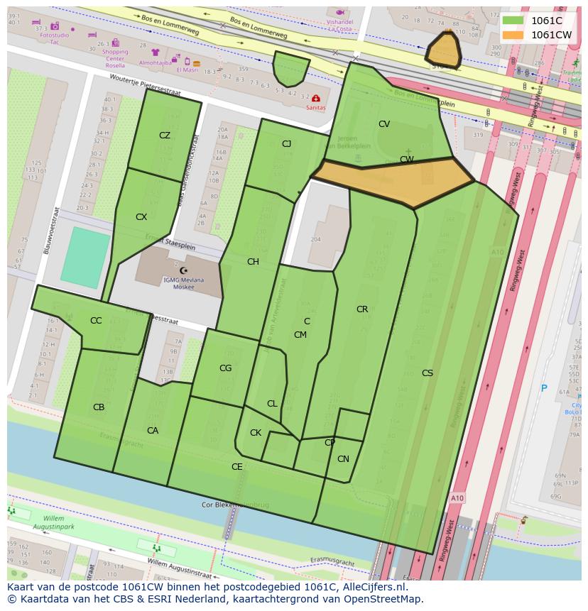 Afbeelding van het postcodegebied 1061 CW op de kaart.