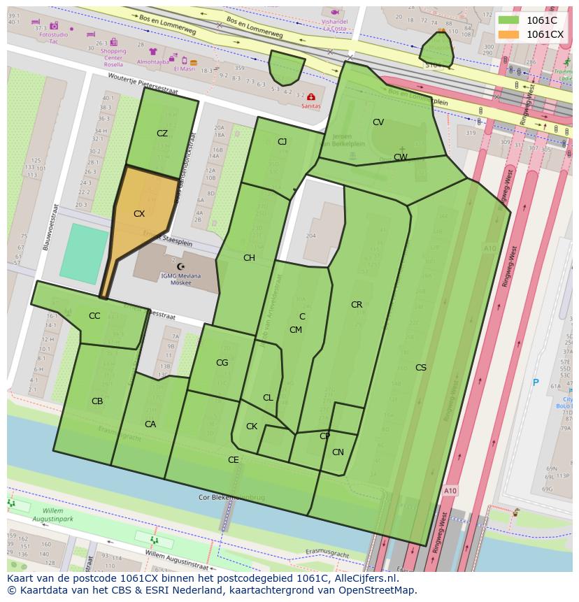 Afbeelding van het postcodegebied 1061 CX op de kaart.