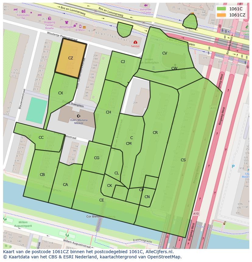 Afbeelding van het postcodegebied 1061 CZ op de kaart.