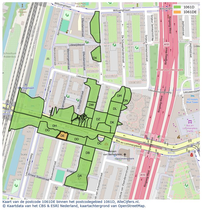Afbeelding van het postcodegebied 1061 DE op de kaart.