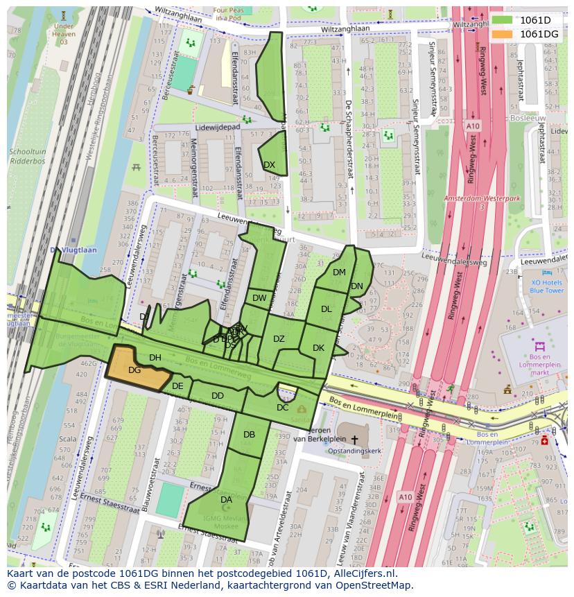 Afbeelding van het postcodegebied 1061 DG op de kaart.