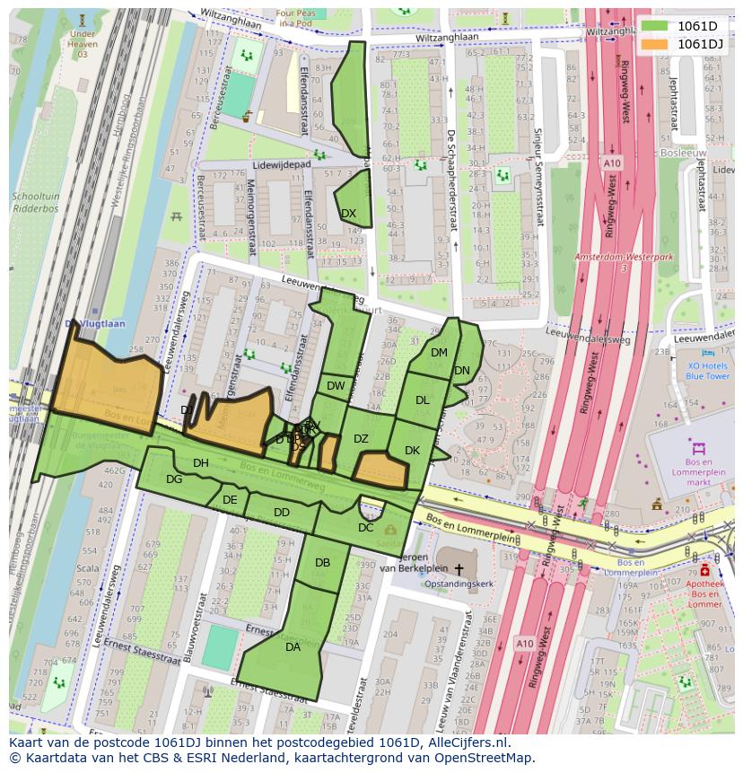 Afbeelding van het postcodegebied 1061 DJ op de kaart.