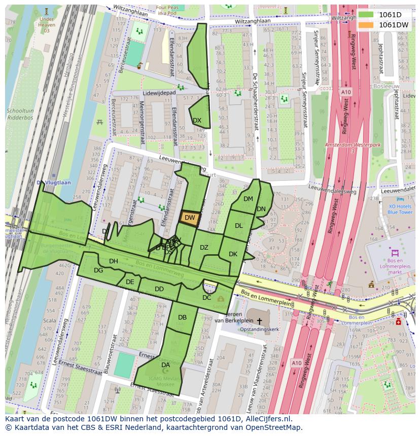 Afbeelding van het postcodegebied 1061 DW op de kaart.