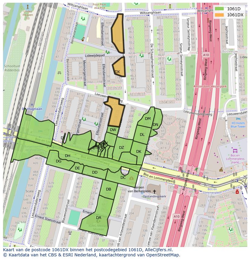 Afbeelding van het postcodegebied 1061 DX op de kaart.
