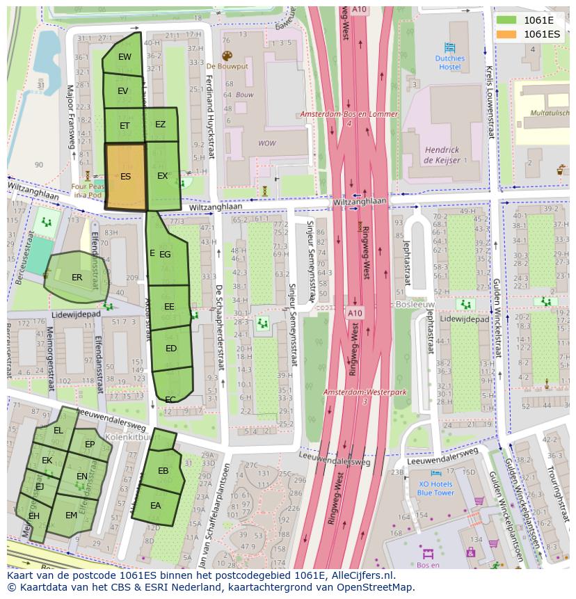 Afbeelding van het postcodegebied 1061 ES op de kaart.