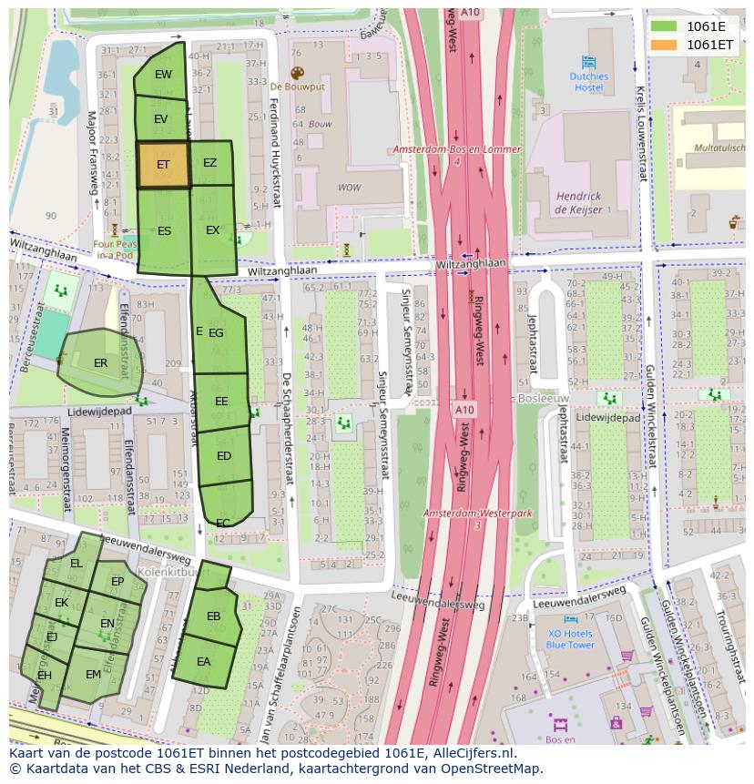 Afbeelding van het postcodegebied 1061 ET op de kaart.