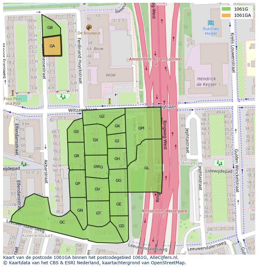 Afbeelding van het postcodegebied 1061 GA op de kaart.