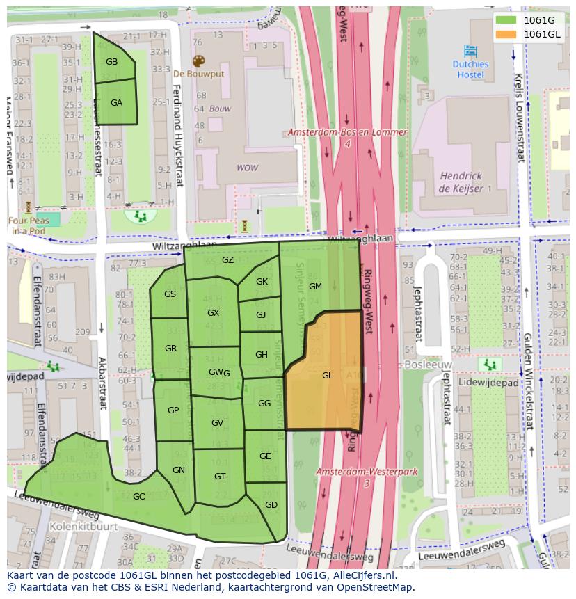 Afbeelding van het postcodegebied 1061 GL op de kaart.