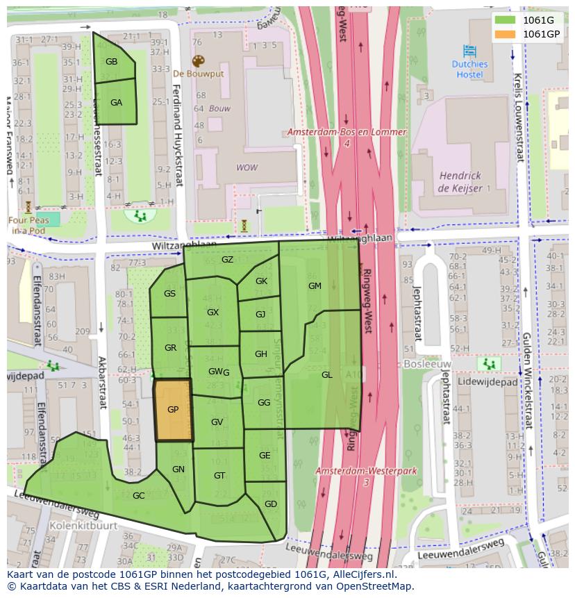 Afbeelding van het postcodegebied 1061 GP op de kaart.