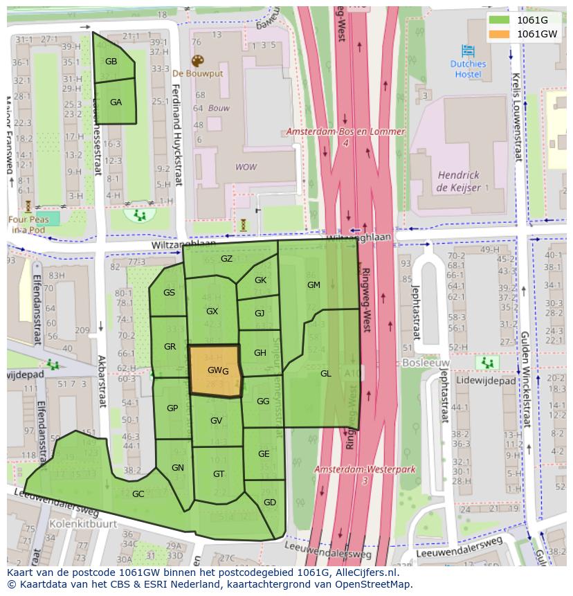 Afbeelding van het postcodegebied 1061 GW op de kaart.